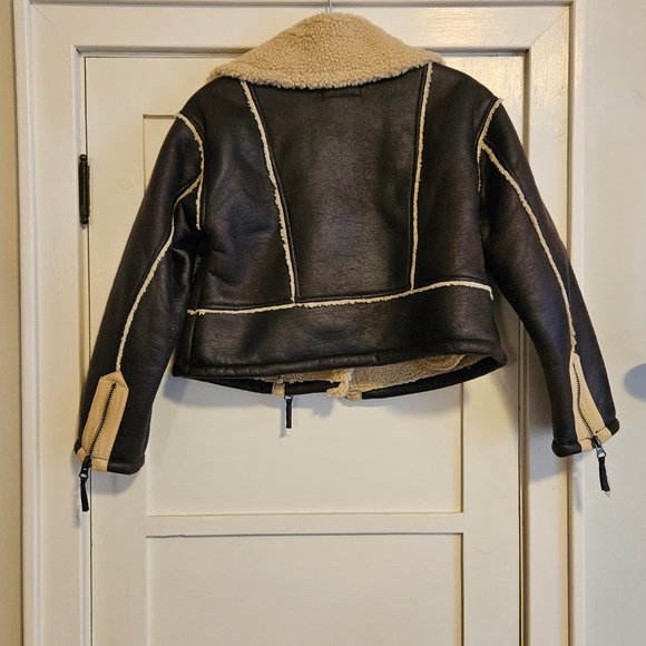 Women's Black and Cream Shearling Jacket - Picture 2 of 2